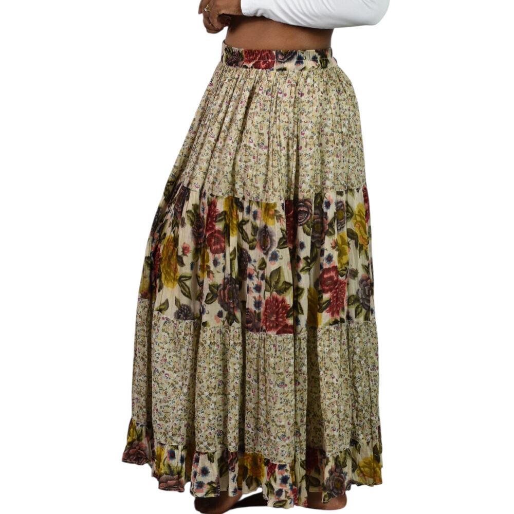 Vintage Tangibles Broomstick Skirt Tan Floral Tier Maxi Gauzy Rayon India Medium - Picture 6 of 16